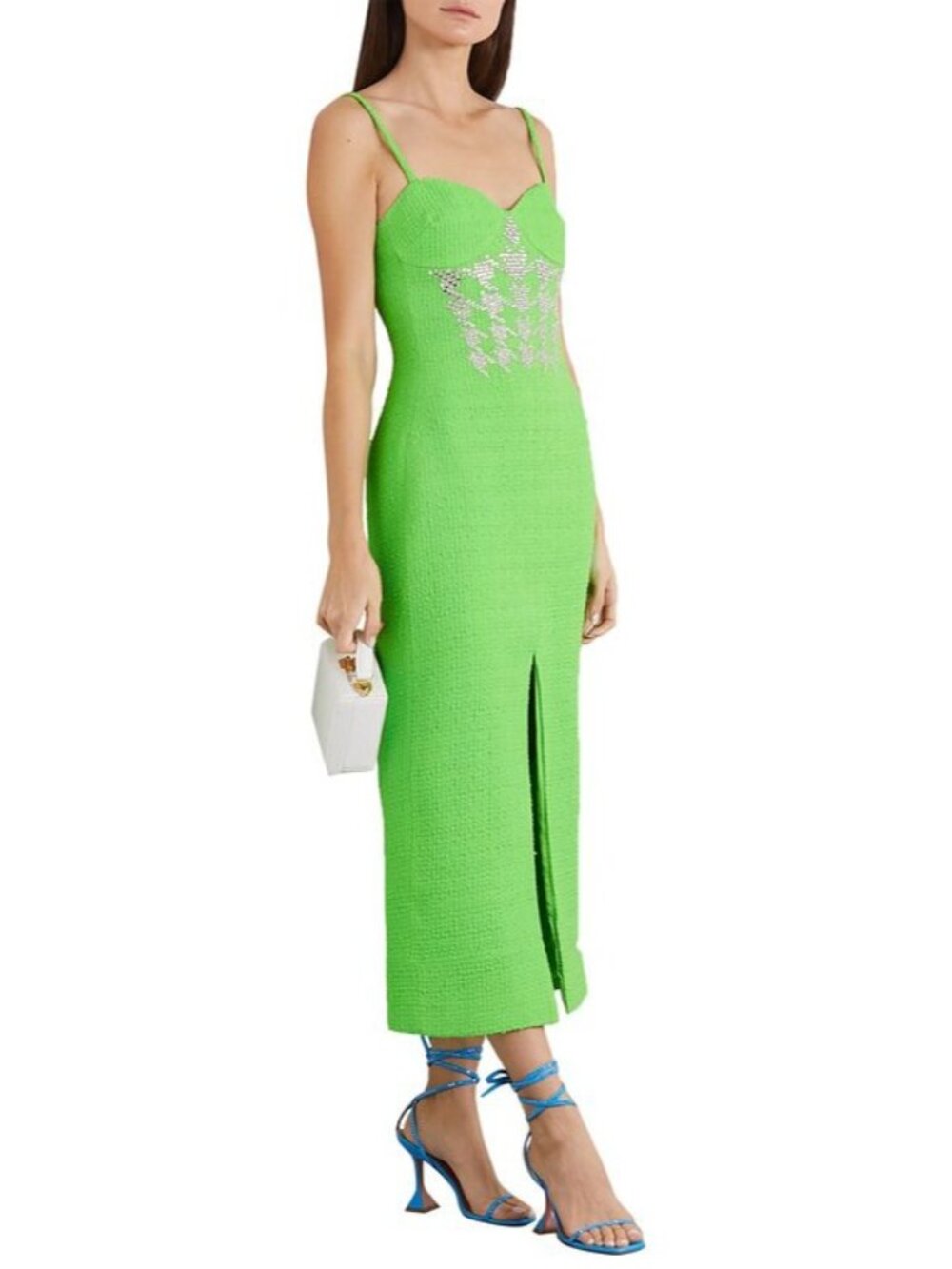 NWT $1890 David Koma Crystal Embellished Bouclé Midi Dress Bright Green Size 14